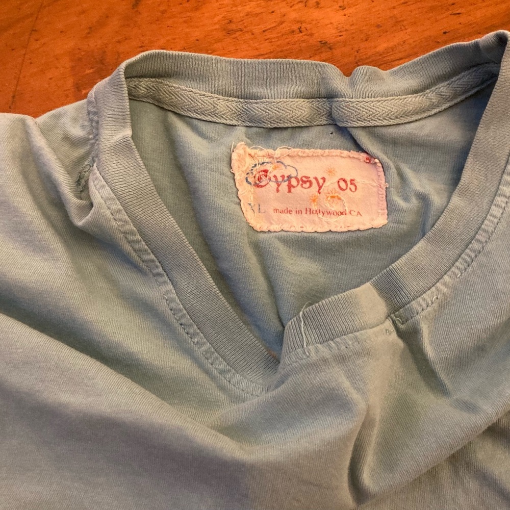 Mens Gypsy 05 pale blue crew neck tee double stitching orange Aztec icon on back